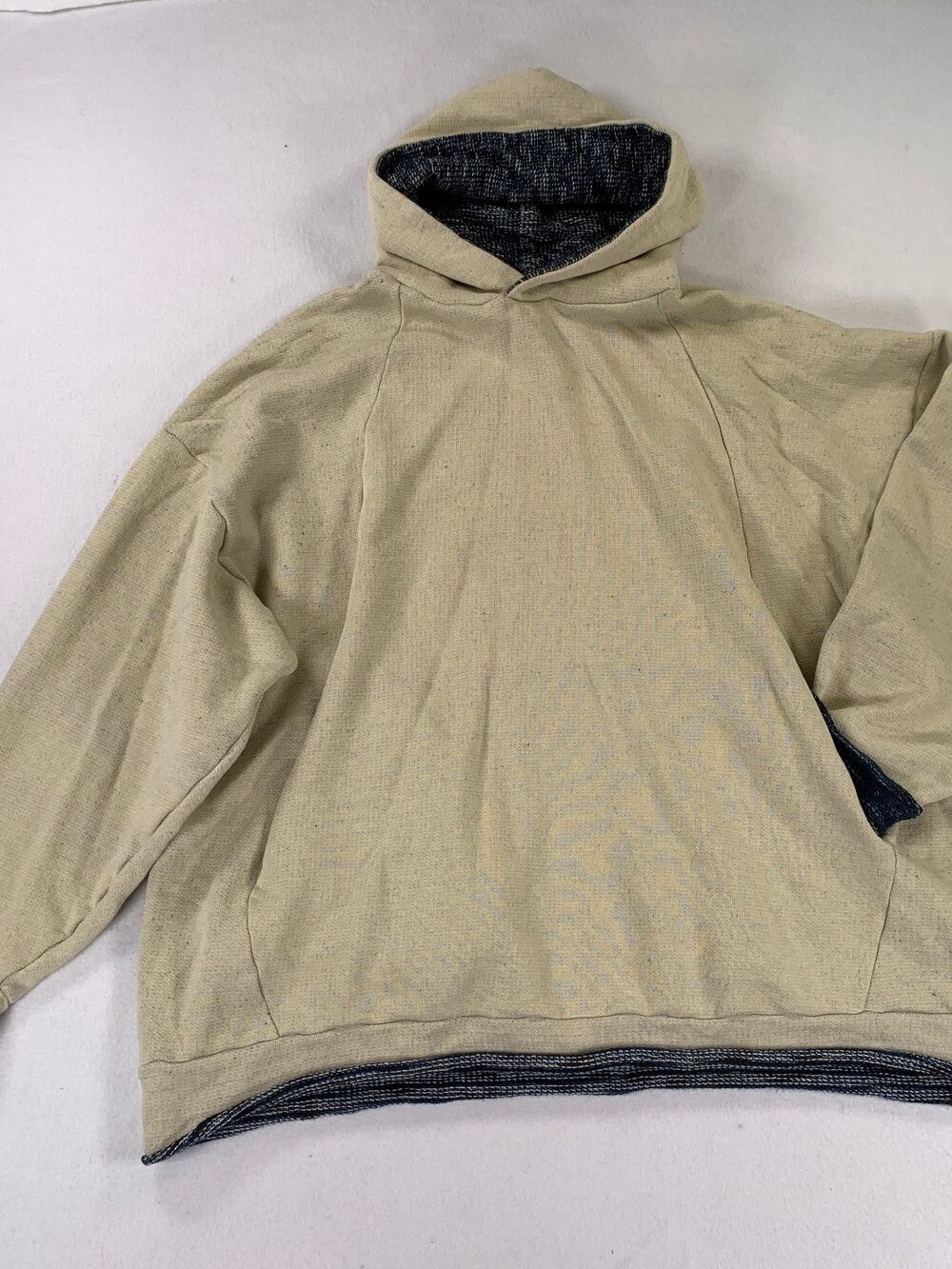 Tamaki Niime Reversible Hoodie Tan Blue Hand Woven Knit Size XL Japan